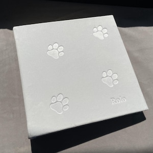 Pode incluir: Um &aacute;lbum branco quadrado com quatro pegadas em relevo e o nome "Rolo". O &aacute;lbum &eacute; provavelmente projetado para fotos ou mem&oacute;rias de animais de estima&ccedil;&atilde;o.