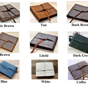 May include: Nine different leather photo albums in various colors, including classic brown, tan, dark brown, brown, litchi, dark green, blue, white, and coffee. Each album has a leather strap with a knot closure.