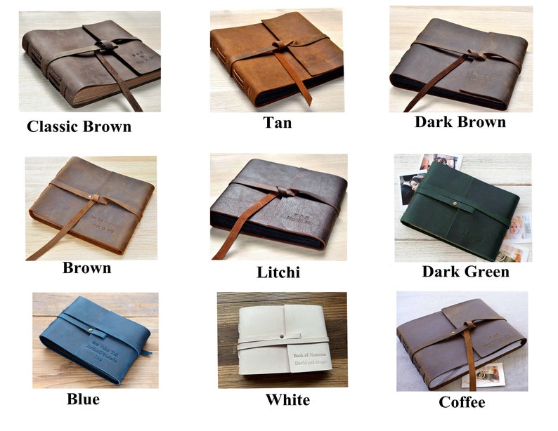 May include: Nine different leather photo albums in various colors, including classic brown, tan, dark brown, brown, litchi, dark green, blue, white, and coffee. Each album has a leather strap with a knot closure.