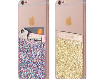 Two Glitter Cell Phone Stick On Wallet Card Holder Phone Pocket For iPhone, Android and all smartphones