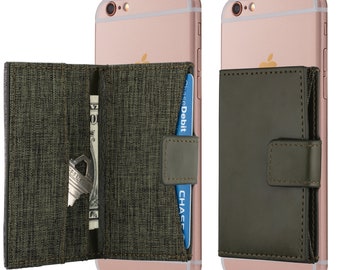 Cell Phone Stick On Wallet/Card Holder for iPhone, Android and All Smartphones (Olive Green with Button Closure)