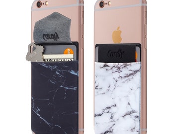 Two Secure Marble Cell Phone Stick On Wallet Card Holder Phone Pocket for iPhone, Android and All Smartphones. (Black and White)