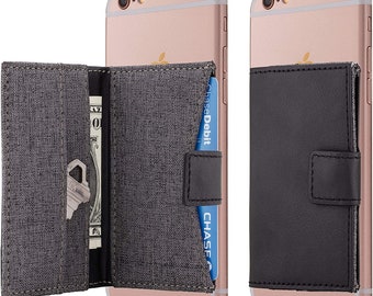 Cell Phone Stick On Wallet/Card Holder for iPhone, Android and All Smartphones (Black and Dark Gray with Button Closure)