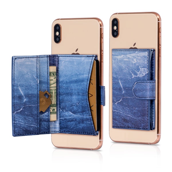Cell Phone Stick On Wallet/Card Holder for iPhone, Android and All Smartphones (Dark Blue Marble with Magnetic Closure)
