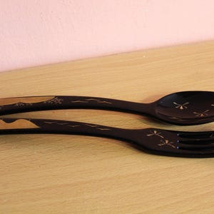 Vintage Black Lacquer Hand Painted Wood Japanese Fork Spoon Wooden Salad Servers Japan Asian