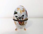 Egg-Shaped Porcelain Trinket Box, White with butterfly Motifs, black Edging German porcelain egg shape trinket box Jewelry Holder design JW