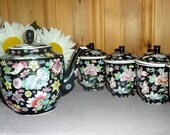 Black Ceramic Chinese Tea Set, China Porcelain Coffee Set, Floral Teapot, 4 Tea Cups With Lid, Lidded Coffee Mugs Jingdezhen