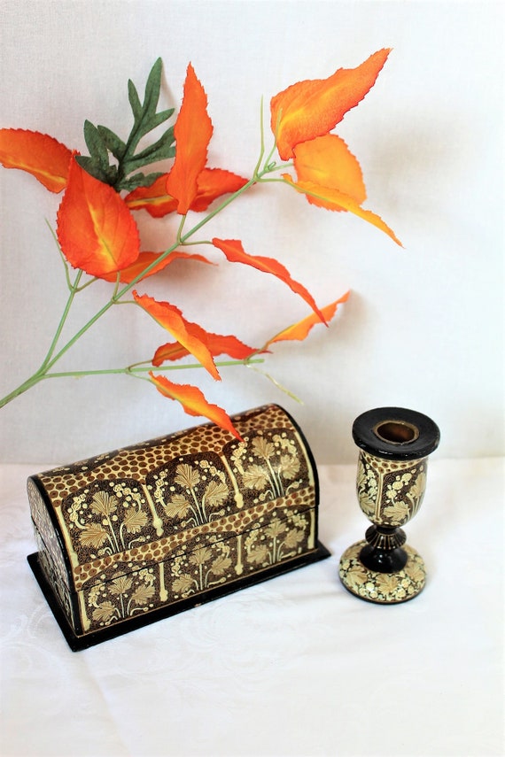 Vintage Kashmir Gold Painted India Jewelry Box & Candle Holder Lacquer Trinket Box