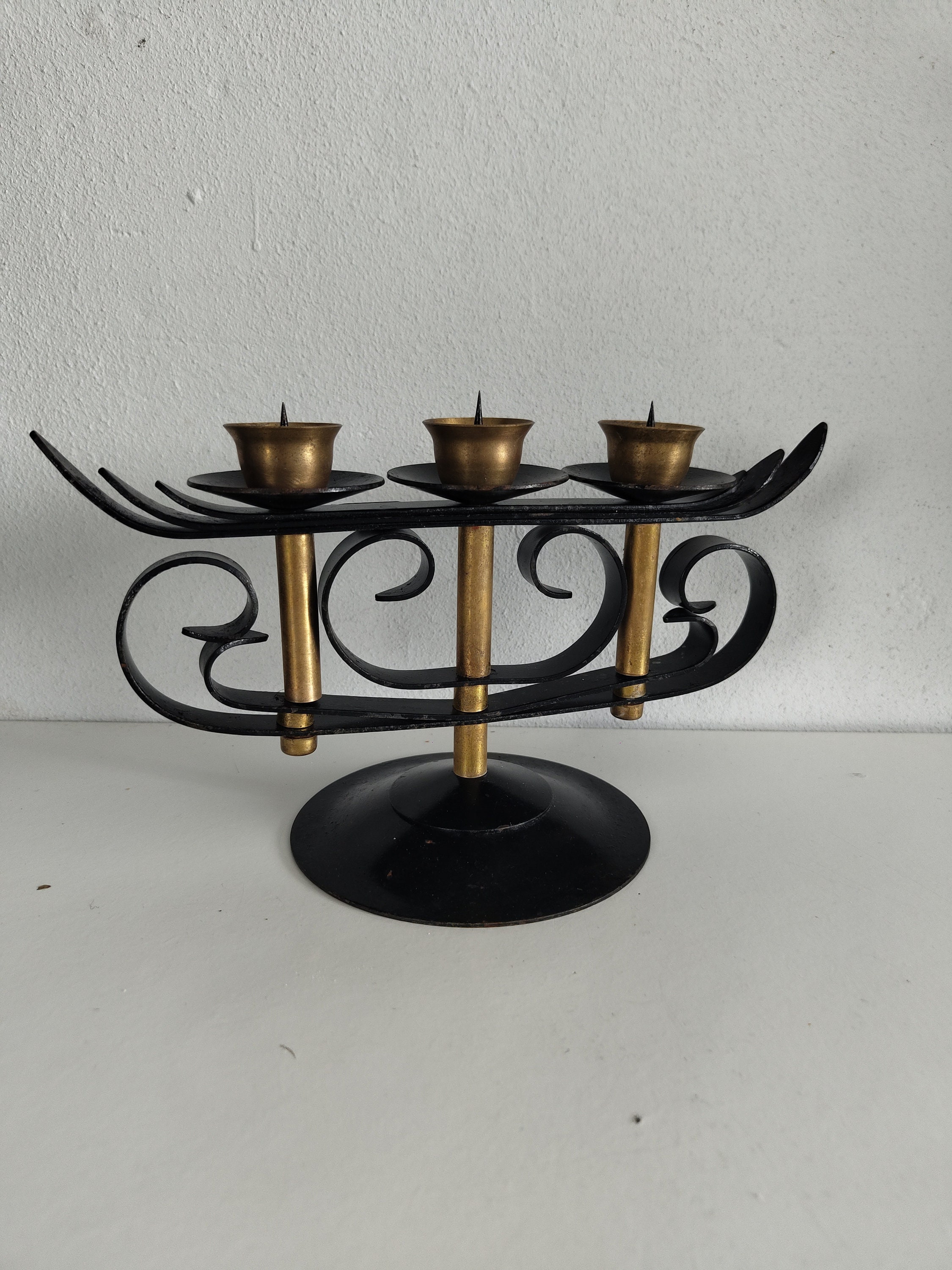 Vintage Black Metal Viking Ship 3 Arms Candelabra, Mid Century