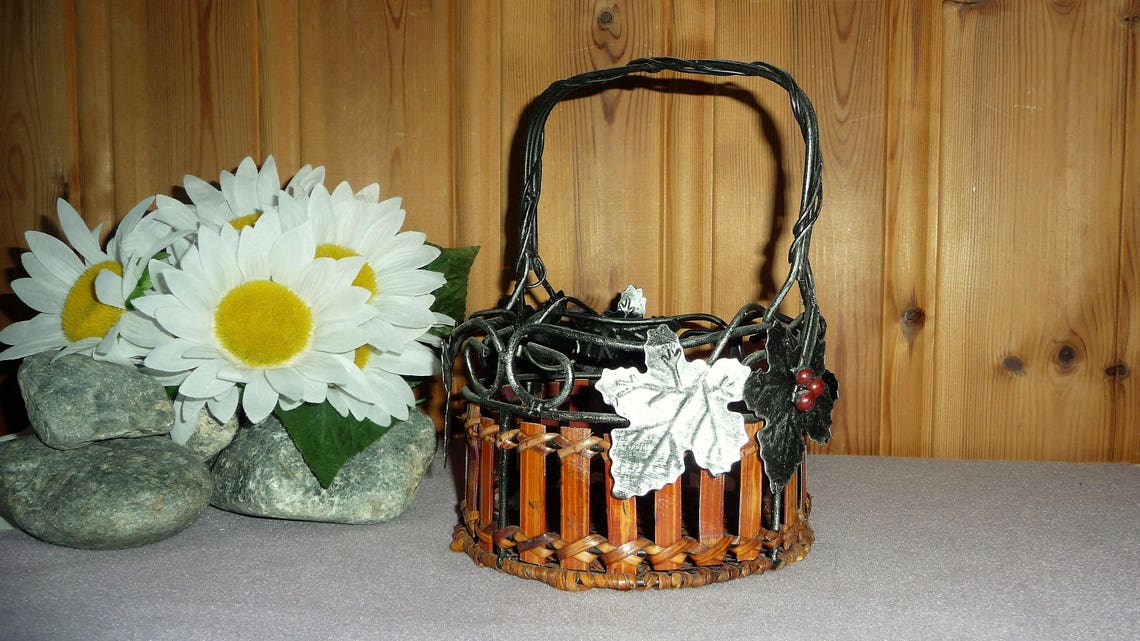 Vintage Wood & Metal Basket Wooden Cast Iron Basket Grape Etsy