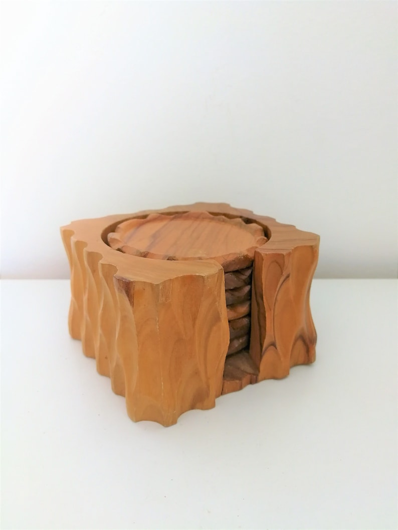 Vintage Carved Wood Coasters set of 6 Coasters Plus Stand Etsy