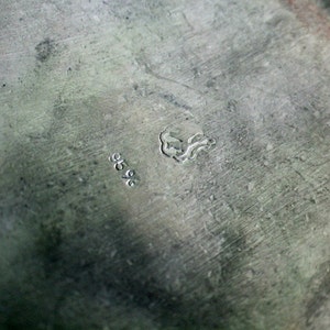 May include: Close-up of a metallic, possibly silver, surface with a textured appearance. The surface has a worn look with visible scratches and imperfections. The number "9596" is stamped on the surface, along with a small emblem.