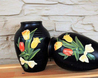 Paar Vintage Brentleigh Ware Marden zwart keramische bloemen vazen, Engels aardewerk vaas, gemaakt in Engeland, tulp bloemen