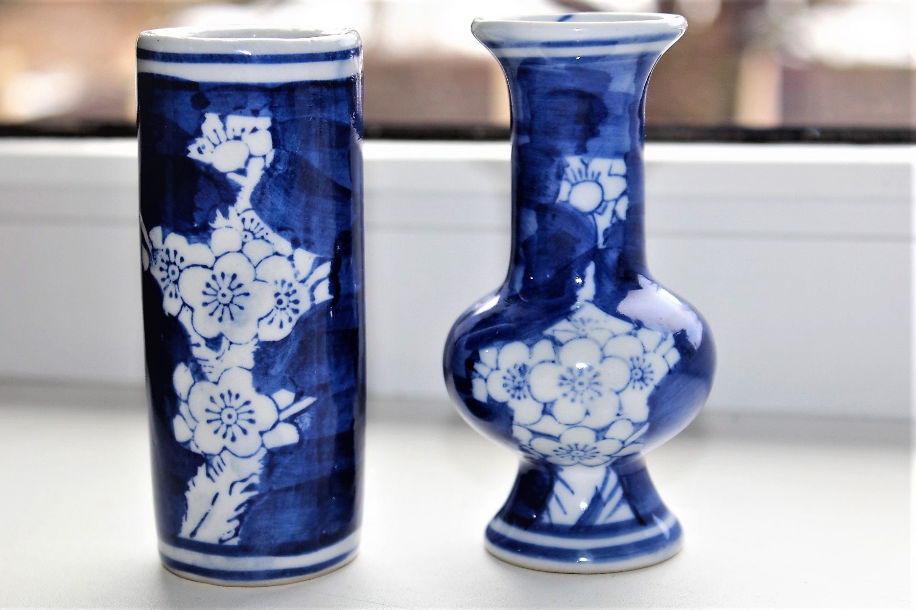 Vintage Pair Blue White Porcelain Ceramic Vases Floral Bud Vases Set - Etsy