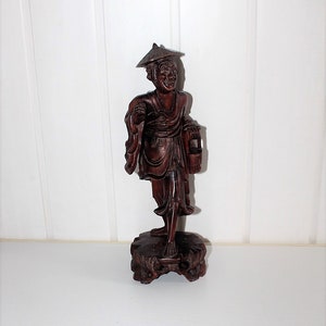 Vintage Japanese Chinese Carved Wood Old Man Sculpture Signed Asian Figurine Statue