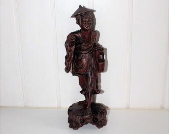 ヴィンテージ 手彫り 竹製 木製 中国人物彫刻 彫刻像 18.5インチ