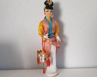 Vintage chinese doll figurine with lantern, chinese Doll Collectible Dolls Handmade Dress Dolls Girl Doll Figurine Souvenir Doll .
