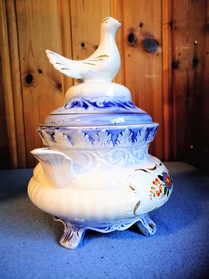 Italian Ceramic Tureen With Bird on Lid Blue White Pottery Etsy
