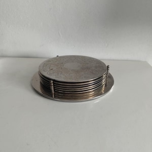 Vintage Large Silver plated Coaster Set, Made in England, Silver Coasters With Holder,Silver Plated Coasters English, Placemats