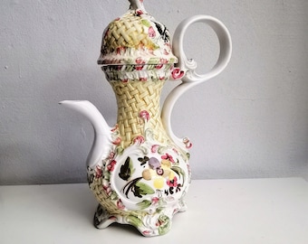 Vintage Porcelain Ceramic bassano italy teapoy , yellow Trim Italy Large White  , Large Italian Capodimonte Coffee pot with Roses Fairytale
