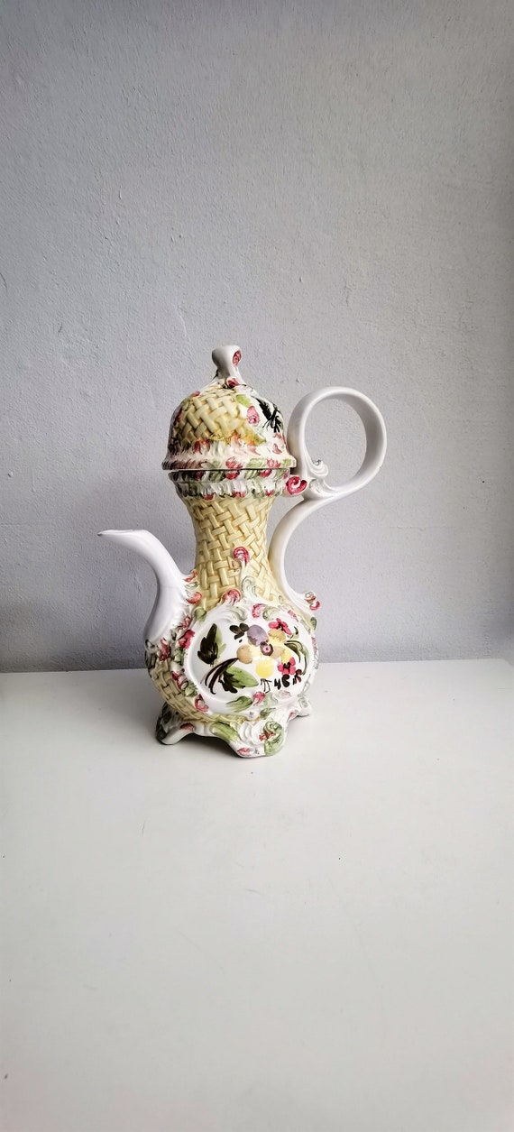 Vintage Porcelain Ceramic Bassano Italy Teapoy , Yellow Trim Italy