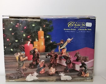 Vintage Large 10 Piece Porcelain Figurine Nativity Scene Set