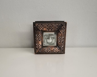 Vintage cube candle holder copper with mirror - home decor