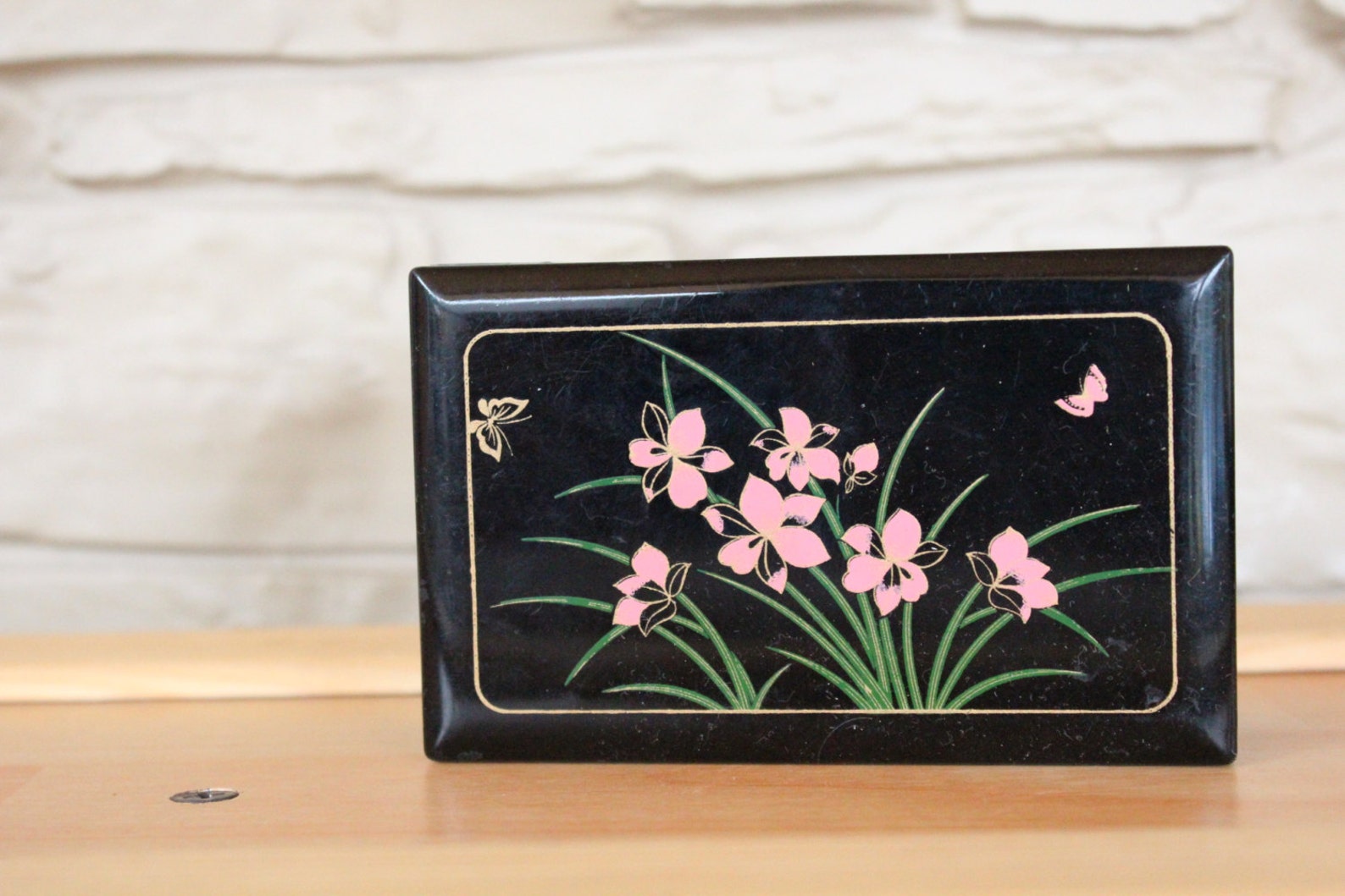 Lacquer Box Made in Taiwan Black Floral Trinket Box Jewelry Etsy