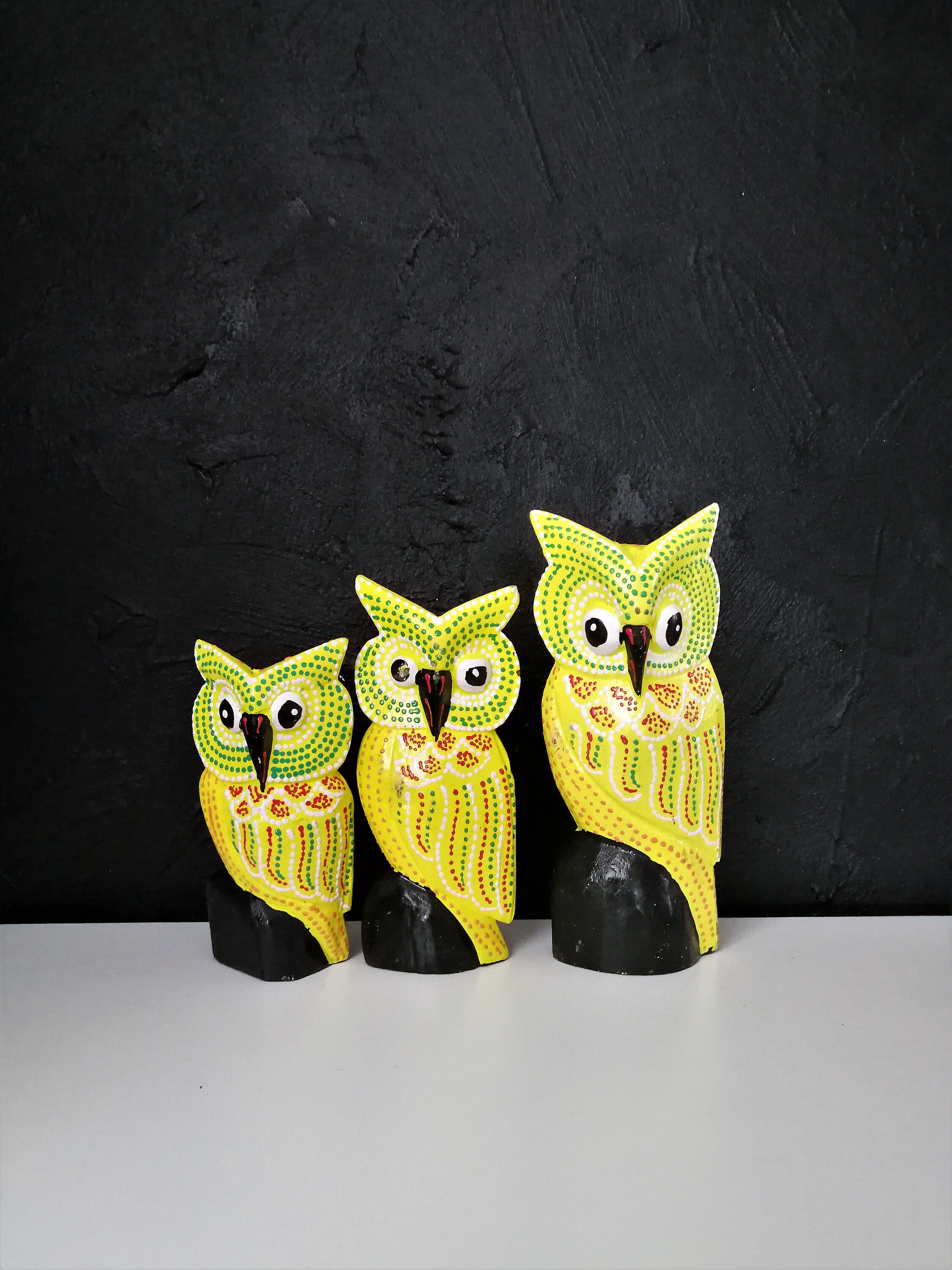 Vintage Set of 3 Yellow Owl Figurines Wooden / Decor Office /hand