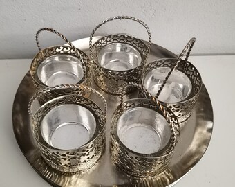 Vintage set of 5 candle holders basket shape with tray ,set of 5 small plate and basket with tray ,christmas gift ,collectibles,Serving tray