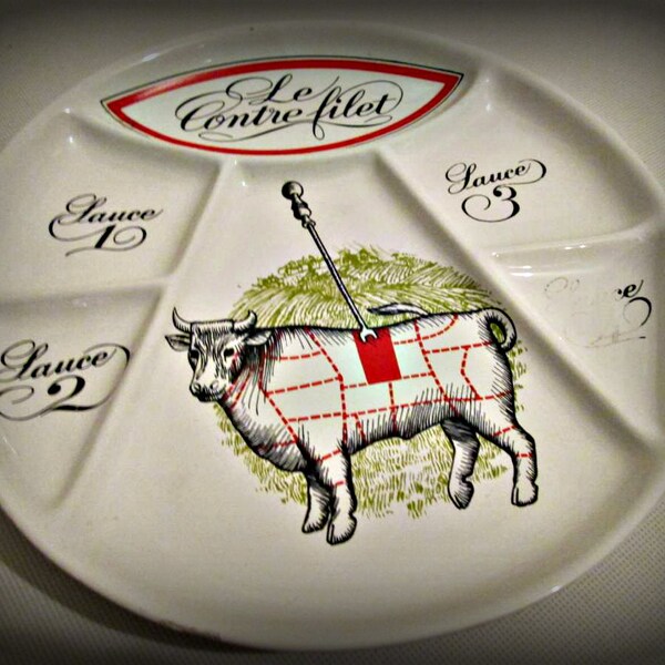 Vintage Porcelaine Et Faience D'Auteuil Bistrot Orange Divided Fondue Plate, Cow Plate,  fondue plate, Table Decor, Collectible Plate