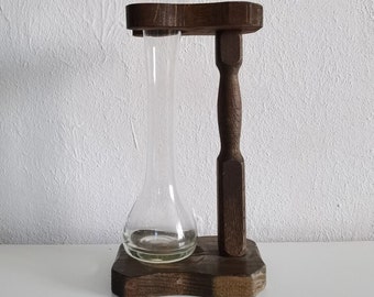 Vintage moderne bureau glas hangende vaas, glazen vaas opknoping op houten houder, hydrocultuur plant glas met houder, terrarium vaas container