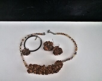 set of handmade leather accessories - vintage leather bracelet / leather hand made pendant necklace / Handmade Leather Earrings .