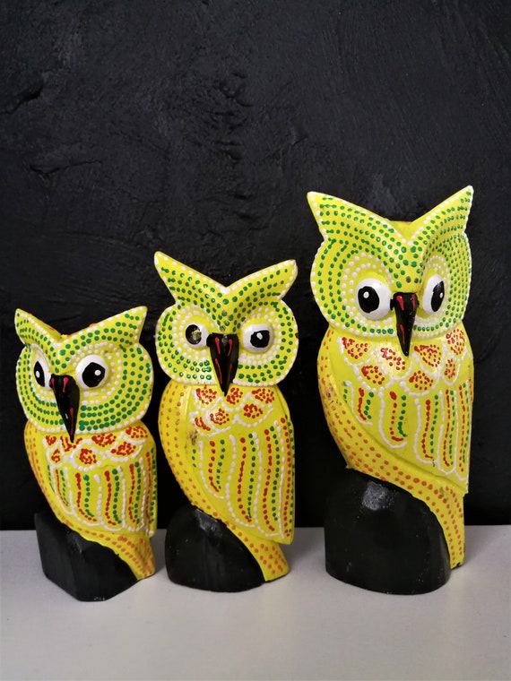 Vintage Set of 3 Yellow Owl Figurines Wooden / Decor Office /hand