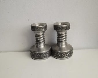 Vintage Pair  Norwegian Eik Tinn Pewter Large Candle Holder Acanthus Rosemaling Candlestick Big Size Norway Home Decor Viking Metal Folk Art