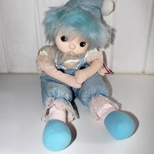 Vintage Softies Doll With Blue Hair, Retro Fabric Elf Pixie Toy, Collectable Plush Troll, Music Doll
