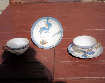 Pair Of Antique Japanese Porcelain Tea Coffee Cups & Saucers, Blue Dragonware