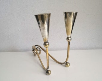 Vintage two-armed silver-plated candlestick Danish design , mid century modern 2 arms silver plated candelabra .