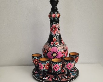 vintage Wood Carved painted wood pitcher 5 shot glasses set and tray , Drinking set Barware ,  painted wood pitcher - glasses and tray .