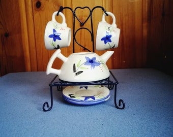 Vintage Tea Set, Ceramic Pair Tea Coffee Cup, Saucers, Tea / Coffee Pot With Stand Holder