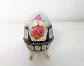 Egg-Shaped Porcelain Trinket Box, White with flower Motifs, black Edging German porcelain egg shape trinket box Jewelry Holder design JW