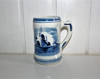 Vintage Holland Ceramic Beer Stein, Dutch Tankard , Delft Blue hand painted beer Mug