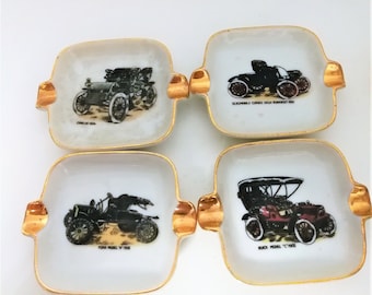 Vintage Set of 4 porcelain old car with Golden frame and golden holder / ashtray Featuring Old Cars / Porcelain ashtray / Office decor .