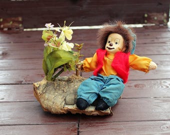 Vintage Porcelain Clown Sitting on Wooden Tree Branch, Ceramic Clown, Collectible Home Decor