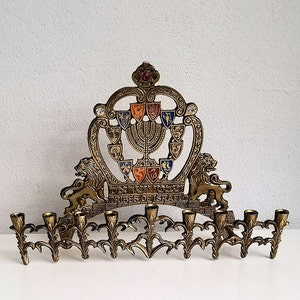 Vintage Jerusalem 9Branches Menorah 9 Arms Candelabra Jewish Judaica,Menorah Hanukkah Jerusalem Hanukkiah great miracle Judaism Brass ISRAEL
