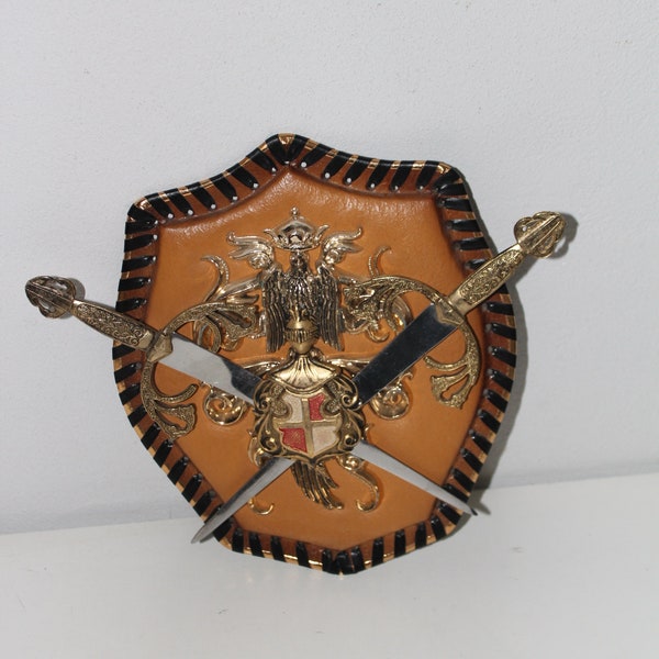 Vintage Medieval Coat of Arms Plaque - Swords Crest Wall Hanging Spain , ornamented gold sword letter opener , christmas gift .