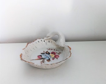 Vintage porcelain china white swan floral rose , White Porcelain Swan bowl, Candy Dish , Nut Bowl , Trinket Ring Dish , Home Decor .