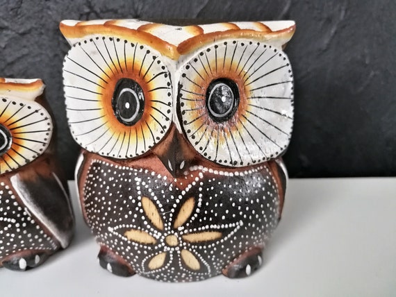 Vintage Set of 3 Brown Owl Figurines Wooden / Decor Office /hand