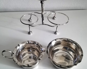 Vintage england silver plated sugar bowl and creamer with stand, Jars Silver Plate Caddy With Holder , made in england , yeoman plate .