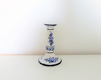 Vintage Portugal Candlestick Holder Hand Painted Floral /Porcelain Candlestick , Signed and Numbered (187) Made in Portugal .